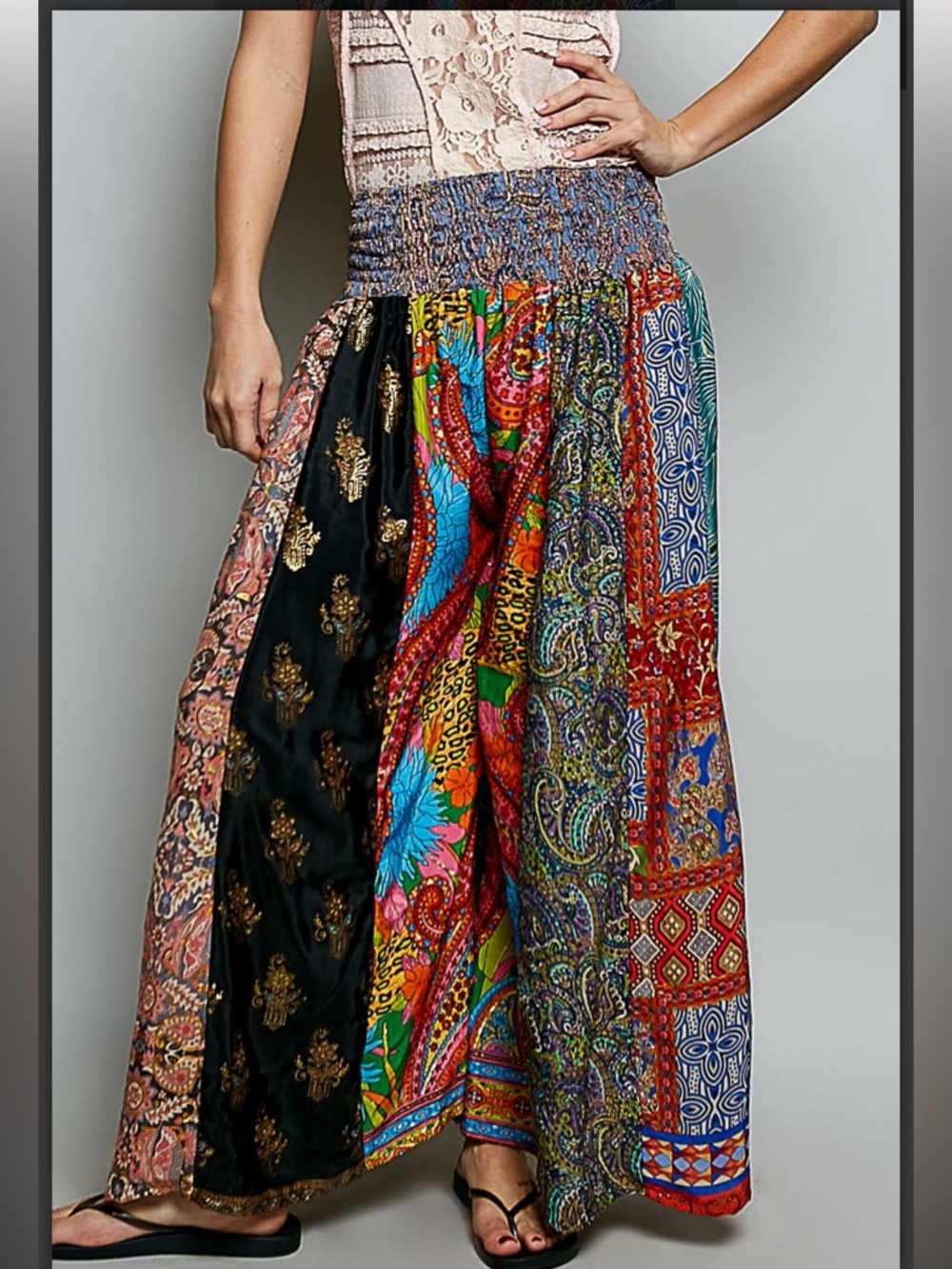 627. Assorted print wide leg smocked waist boho pant - Picture 3 of 13